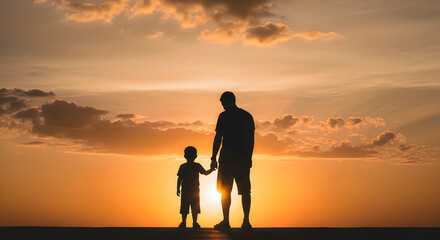 Fototapeta premium silhouette of father and Son at sunset