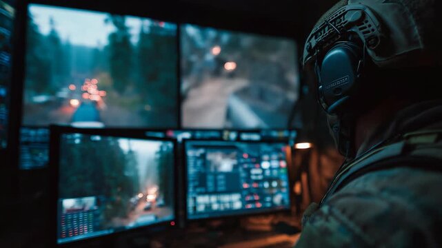 Drone operator controlling a combat drone inside a dark military control room, surrounded by glowing monitors and tactical data, representing modern warfare technology and remote battlefield operation