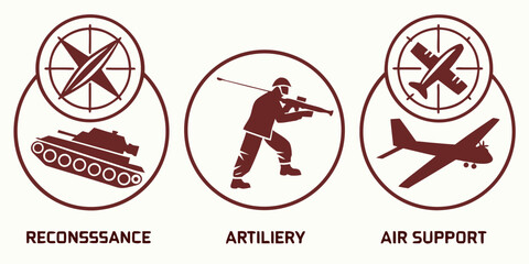 military support icons with tank, soldier, and airplane Vector © leptop