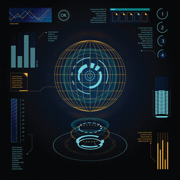 A futuristic infographic template with a globe and various data visualization elements in shades of blue and gold.