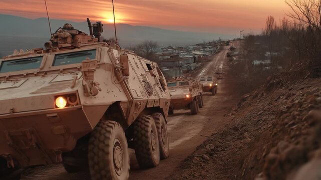 Armored vehicle driving across desert terrain toward a warzone with dust rising into the sky. Military operation scene symbolizing battlefield movement, conflict, and tactical deployment.