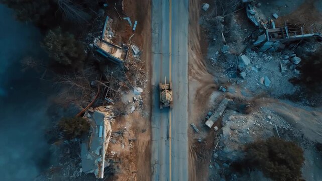 Aerial top view of a military tank moving along a city street in a warzone, surrounded by damaged buildings and urban ruins, depicting modern warfare, destruction, and armored forces in conflict.