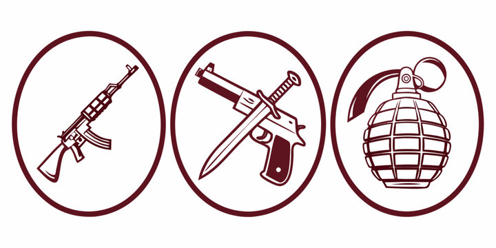 icons of a gun, sword and a grenade Vector