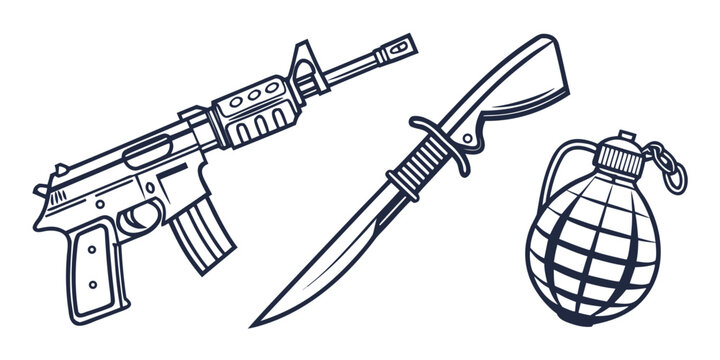 assault rifle knife and grenade weapons Vector