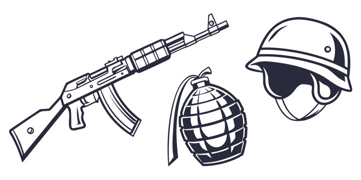 military rifle helmet and grenade Vector