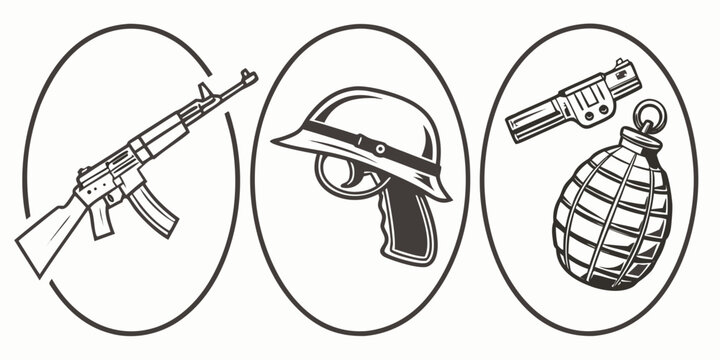 icons of a rifle handgun helmet and a grenade Vector