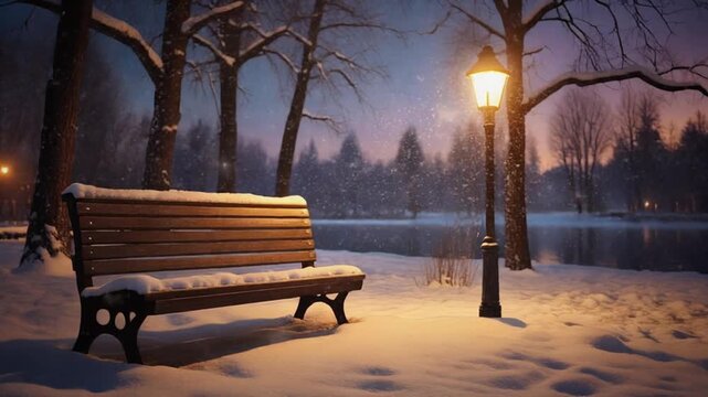 Snowy park bench at dusk with street lamp, trees, and snowfall in background, serene winter scenery