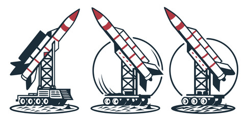 three different views of a model rocket on a launch pad Vector © leptop