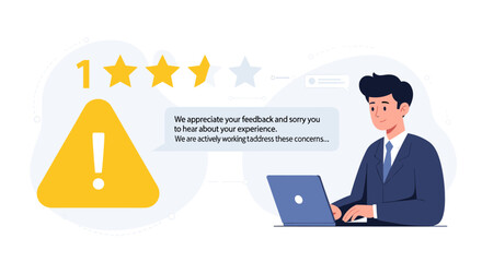 Businessman reviews customer feedback with warning sign and star rating.