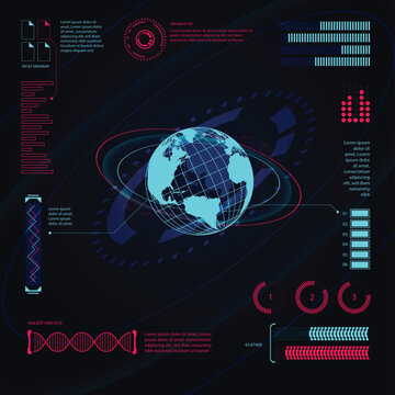 A futuristic infographic template featuring a globe surrounded by various digital elements and charts.