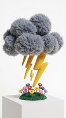 Fototapeta premium Fluffy 3D Pompom Storm Cloud Lightning on White Pedestal Colorfu