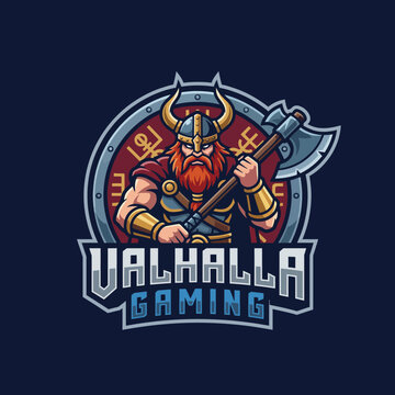A powerful Viking warrior depicted with an axe, adorned in armor, representing strength and bravery, ideal for a gaming logo or brand named 'Valhalla Gaming'.