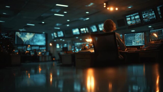 Military radar control room with an officer monitoring multiple screens and digital maps. High technology command center atmosphere with glowing displays representing surveillance, defense systems, an