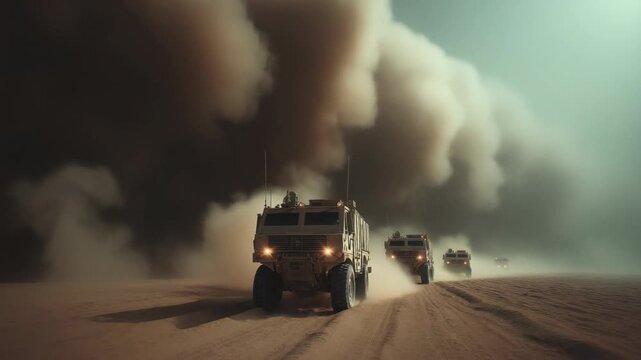 Armored vehicle driving across desert terrain toward a warzone with dust rising into the sky. Military operation scene symbolizing battlefield movement, conflict, and tactical deployment
