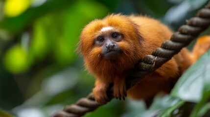 Fototapeta premium Orange Tamarin Resting on Twisting Jungle Vine in Lush Green Environment