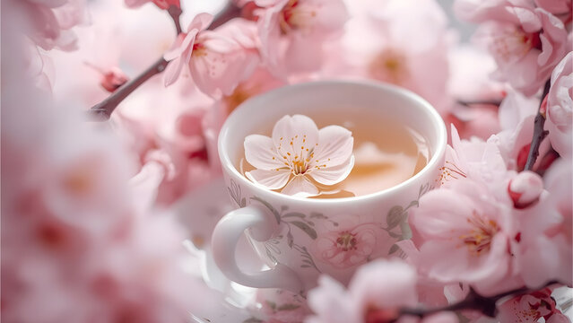 White teacup with cherry blossom flower floating in tea, surrounded by blooming branches, dreamy springtime relaxation and seasonal lifestyle concept photography