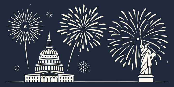 fireworks exploding over the us capitol and statue of liberty Vector