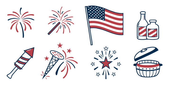 american independence day icons with fireworks and food Vector