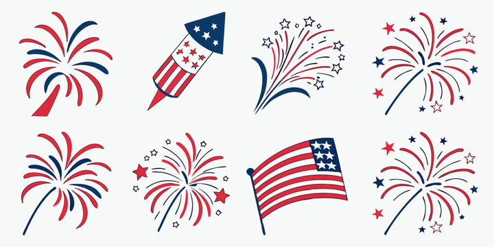 a collection of american 4th of july fireworks and flag icons Vector