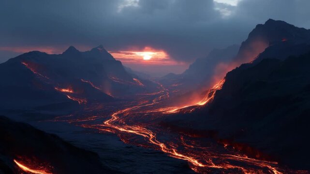 Timelapse of hot lava flowing across black volcanic rock as smoke and steam rise from the ground. Dramatic molten movement and glowing magma create a powerful natural volcanic eruption scene.