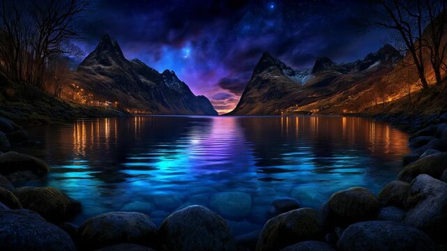 peaceful dreamy landscape of calm lake under  starry blue pink night sky, yellow warm light from town street at far sight 