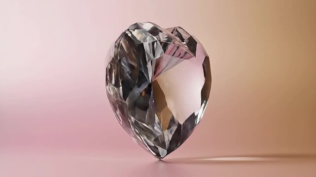 A large heart-shaped diamond sits on a pink surface with a gradient background.