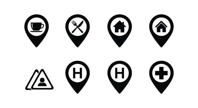 Collection of diverse black vector location pin icons and a warning sign graphic for digital maps