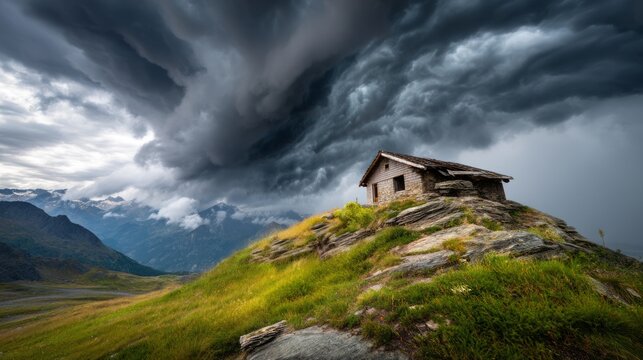 Abandoned Dilapidated Hut Perched on Jagged Mountain Under Dramatic Clouds