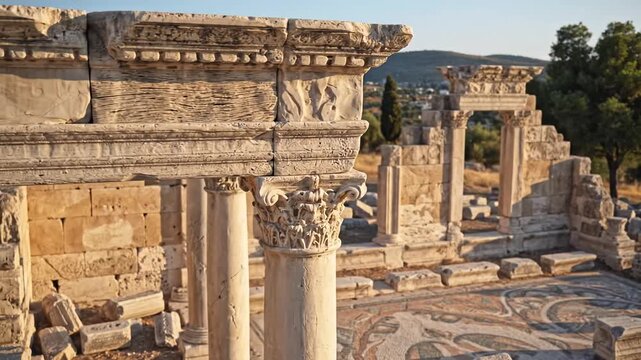 Ancient Roman Ruins with Mosaic Floor and Hills in Background.
