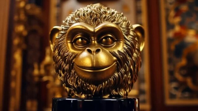 A golden monkey bust statue on a black base, smiling, in a luxurious room with ornate gold decorations and colorful artwork in the background, possibly for an award or decorative piece