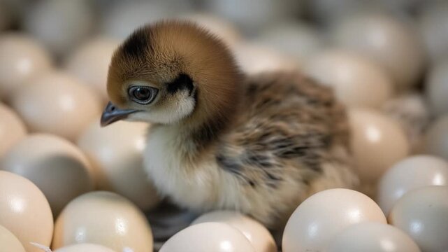 Newly hatched baby chicken resting in a natural nest beside unhatched eggs. Soft feathers and fragile life symbolize birth, farming, spring season, and rural nature in a warm organic environment.