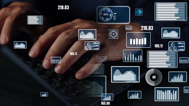 Hands engaged in typing on a laptop keyboard, surrounded by an array of digital data visualization overlays, showcasing graphs, charts, and analytical elements in a modern workspace. Xenic
