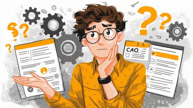 Chief Administrative Officer overwhelmed with work, surrounded by floating question marks. Business concept illustrating stress, decision making, leadership pressure, and complex administrative