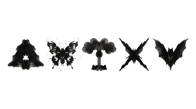Five black inkblot shapes resembling Rorschach test figures, including a butterfly and a bat, are arranged horizontally on white.