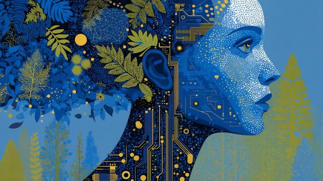 Futuristic AI era concept artwork featuring a woman face in blue tones with glowing gold digital circuit patterns across her head. Modern technology, artificial intelligence, and cyber innovation them