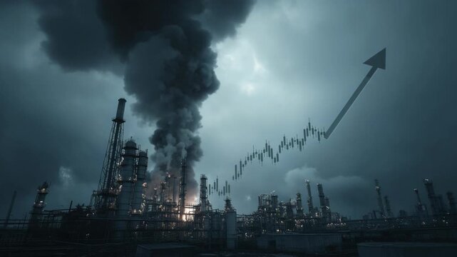 Oil refinery factory burning with thick black smoke while a rising trend graph appears in the sky. Concept of fuel crisis, energy shortage, and increasing oil prices affecting the global economy.