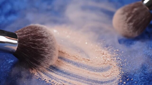 Closeup of Makeup Brush Applying Powder on Blue Textured Surface.