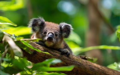 Obraz premium Koala Resting on Eucalyptus Branch in Dense Jungle Setting