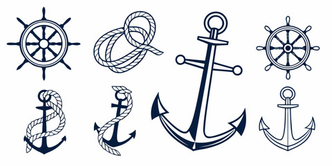 a set of nautical icons including anchors and steering wheels Vector © nalu