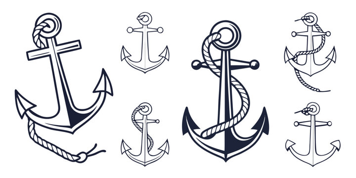 a set of nautical anchors in various styles and sizes Vector