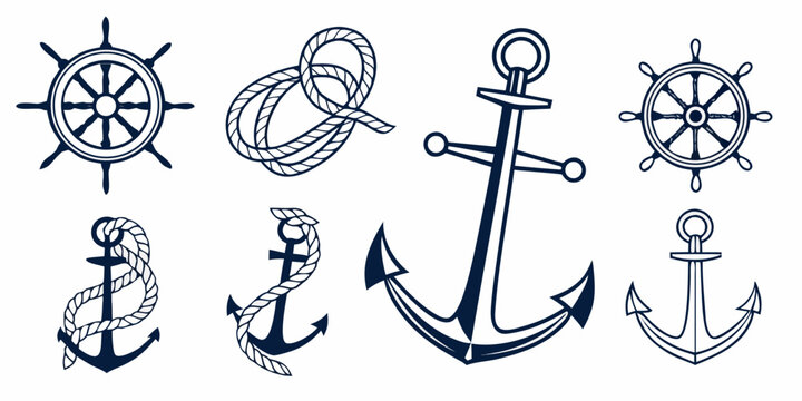 a set of nautical icons including anchors and steering wheels Vector
