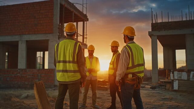 Construction workers in yellow vests and helmets discussing on a building site at sunset