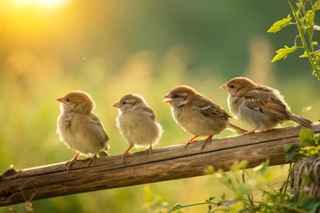 Poster de jardin  Four small sparrows perched closely on a thin branch with soft green foliage background. Warm sunlight creates a peaceful natural wildlife scene showing cute birds together outdoors.  © shahjalal