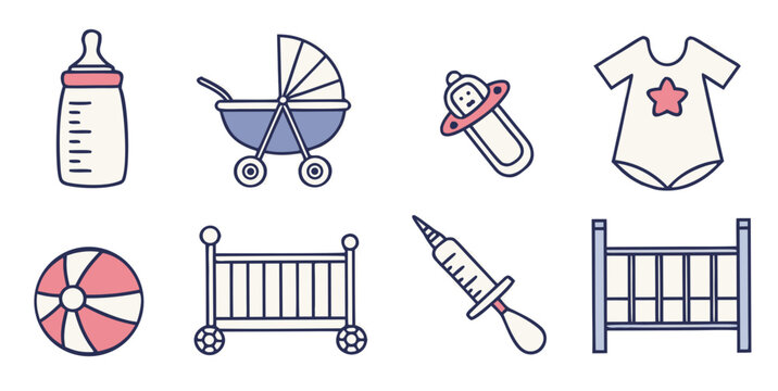 a collection of baby items and a beach ball Vector