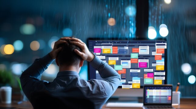 Overwhelmed Startup Founder in Rainy Office During Night Time Work Session