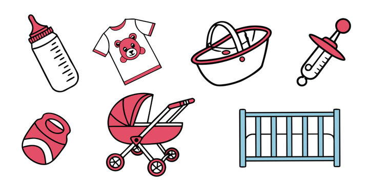 a collection of baby items including stroller and toys Vector