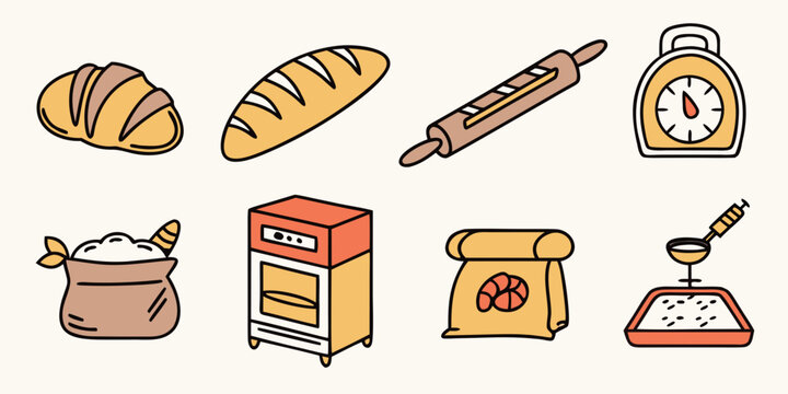 a collection of baking icons including bread and kitchen tools Vector