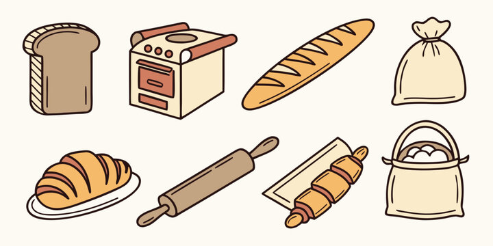 a collection of various types of bread and baking related items Vector