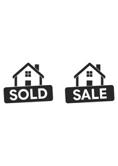 Minimalist flat icons showing a house with sold and for sale signs. Perfect for real estate marketing, property listings, and housing industry web use.