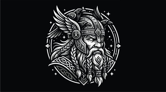 Viking Warrior Head with Helmet and Beard in Monochrome Style.